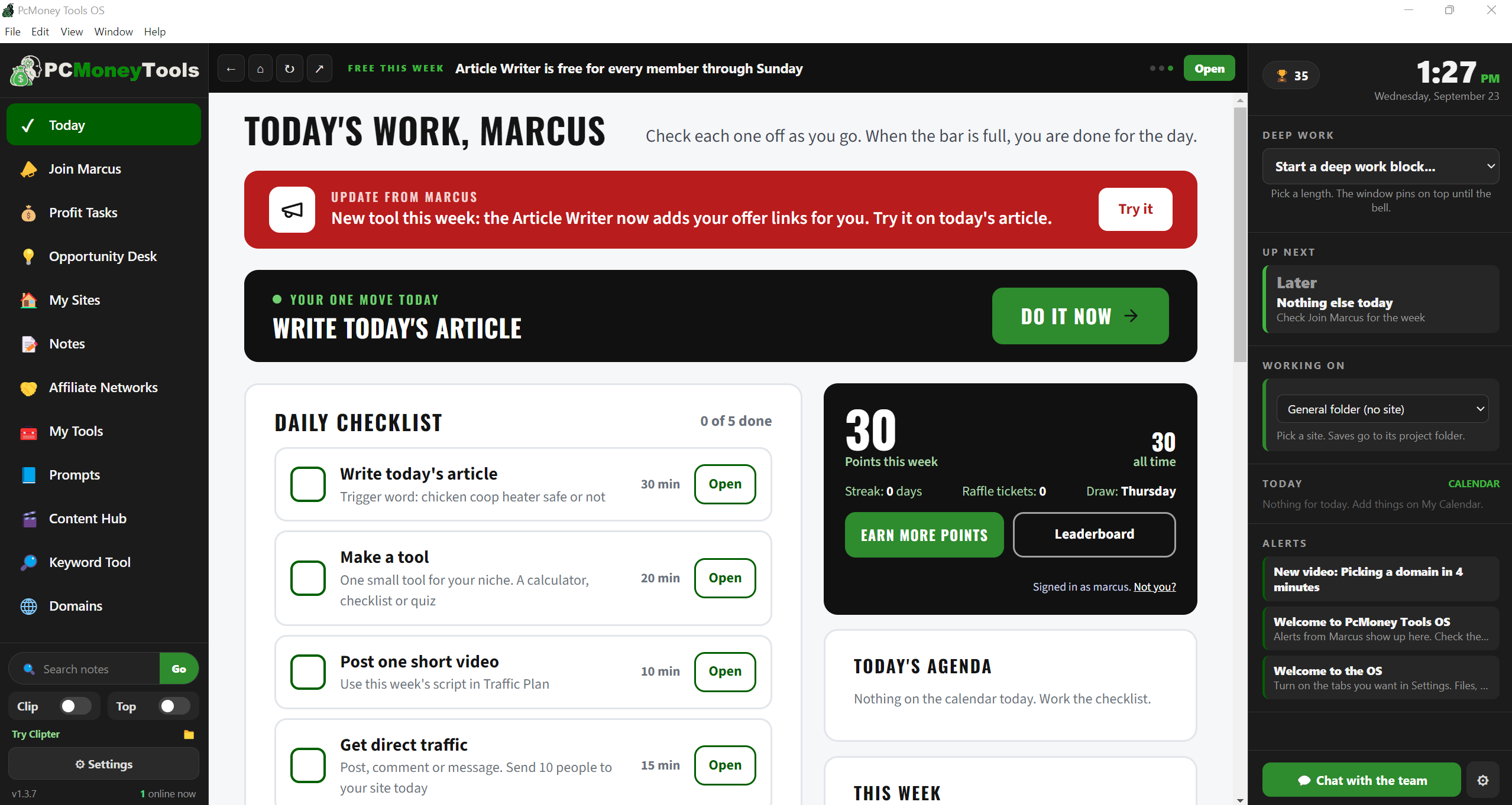 PcMoney Tools OS home screen with the One Move Today card, checklist and streak