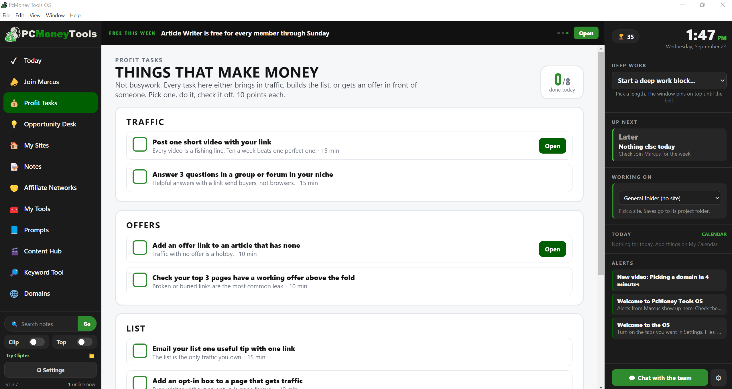PcMoney Tools OS profit tasks with daily points, done today counter and alerts
